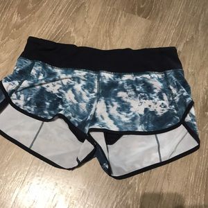 Lululemon speed shorts in blue pattern.